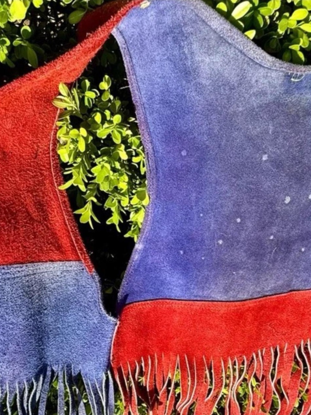70s Leather Fringe Vest Handmade Americana Red Cream Blue Small USA July 4 - Picture 12 of 15